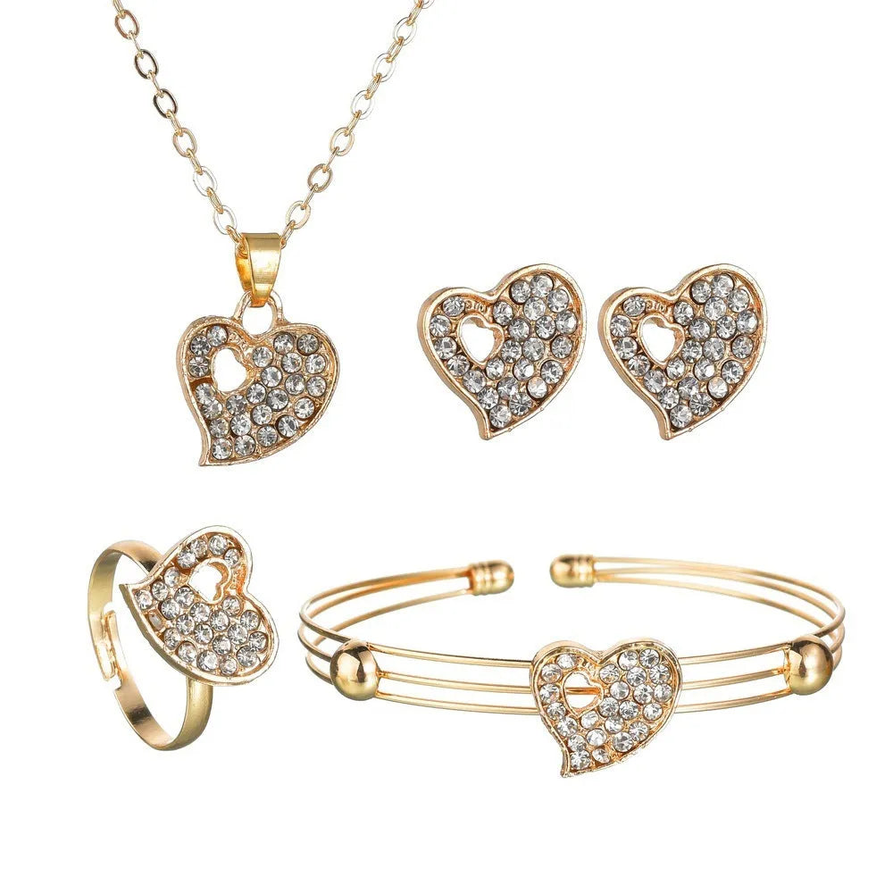 Gold-plated alloy women's jewellery set with earrings, necklace, and bracelet featuring love, water drop, and bell pendants.