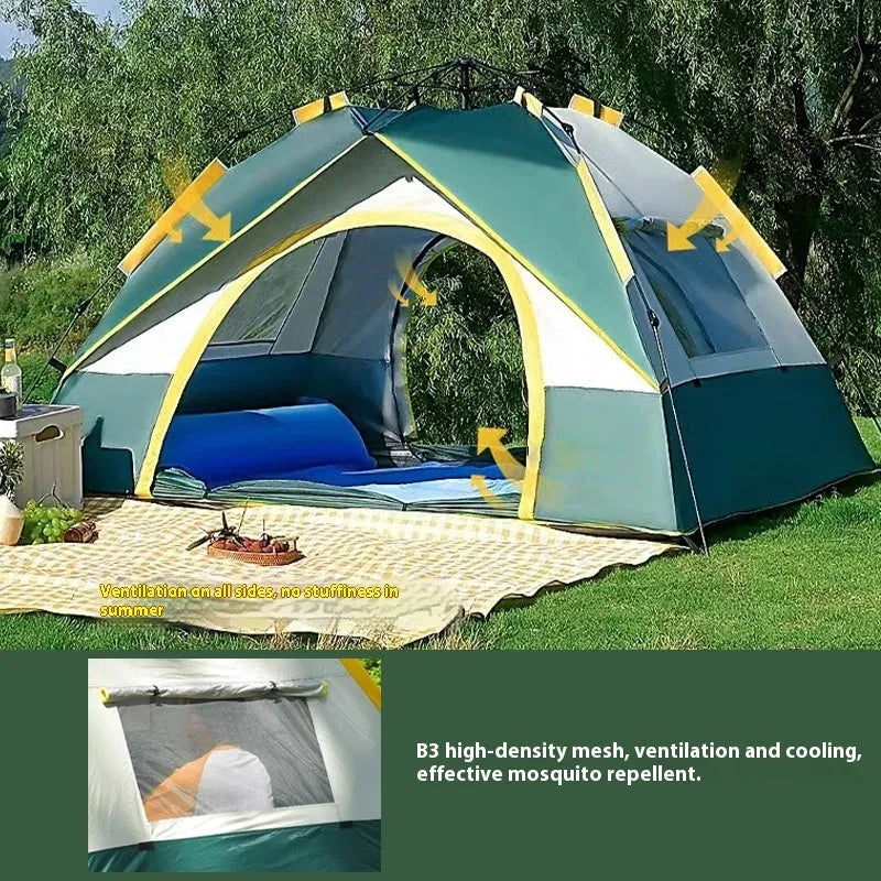 Dark green automatic camping tent for 3-4 people with silver tape coating and quick opening system