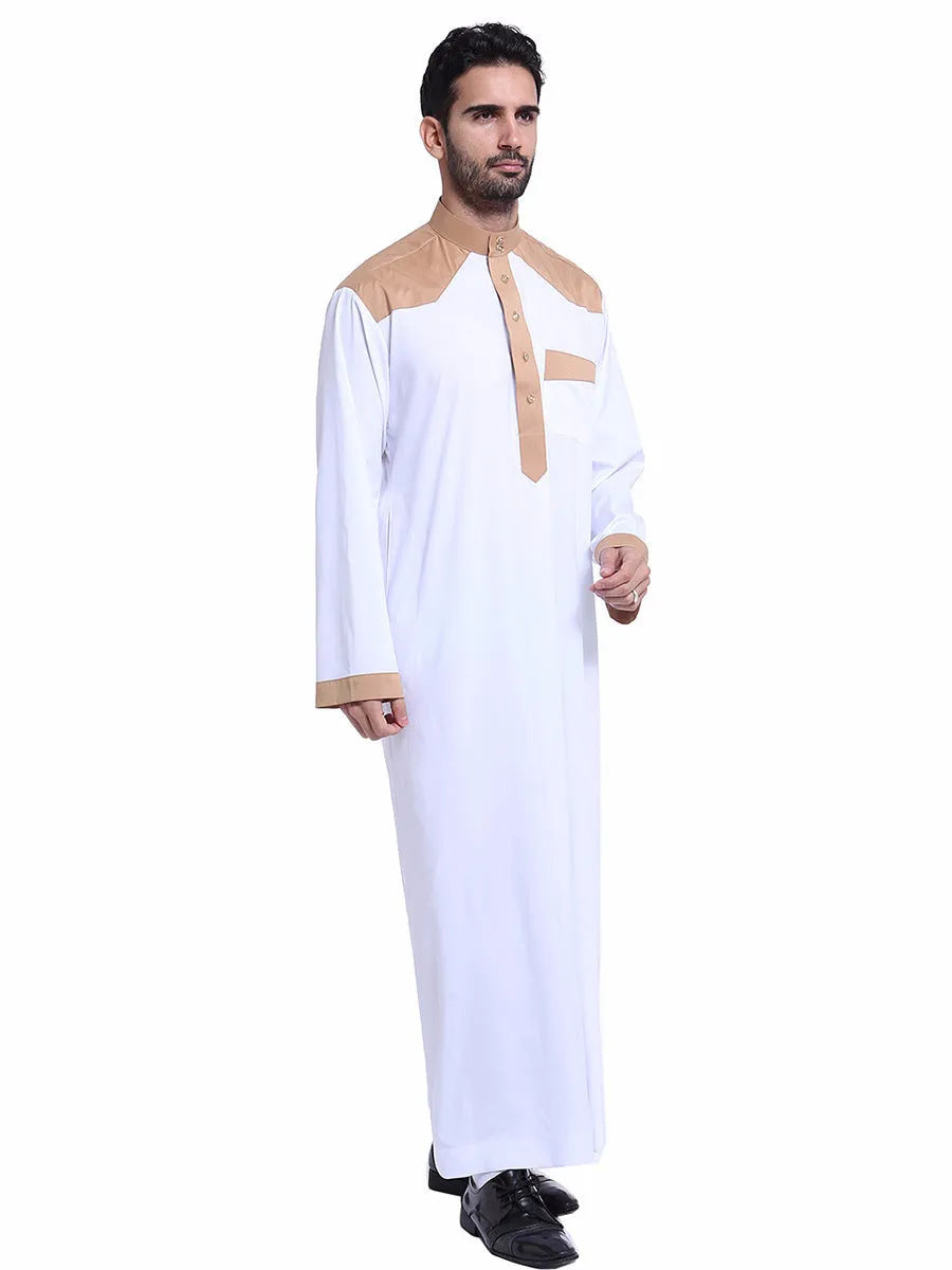 Men's white embroidered polyester blend Arab thobe robe with long sleeves