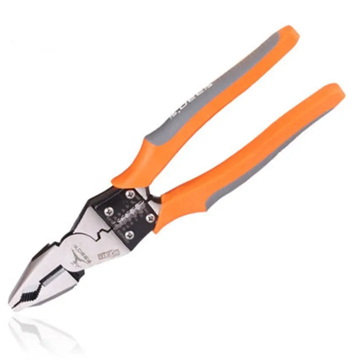 Orange multi-function wire cutter pliers with PVC handles and chrome steel jaws
