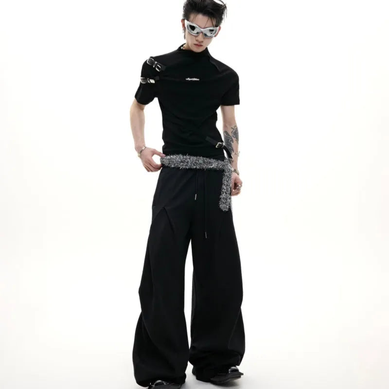 Men's slim fit cotton T-shirt with metal belt design and stand-up collar in black colour