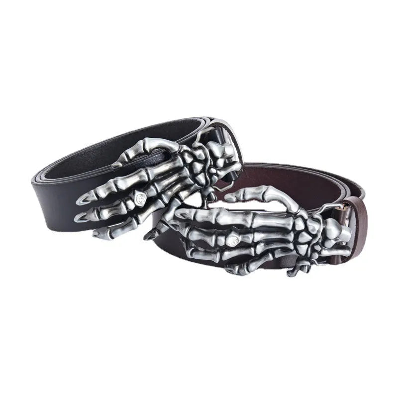 Men's genuine leather belt with skull claw alloy buckle, black, available in sizes 90cm to 130cm