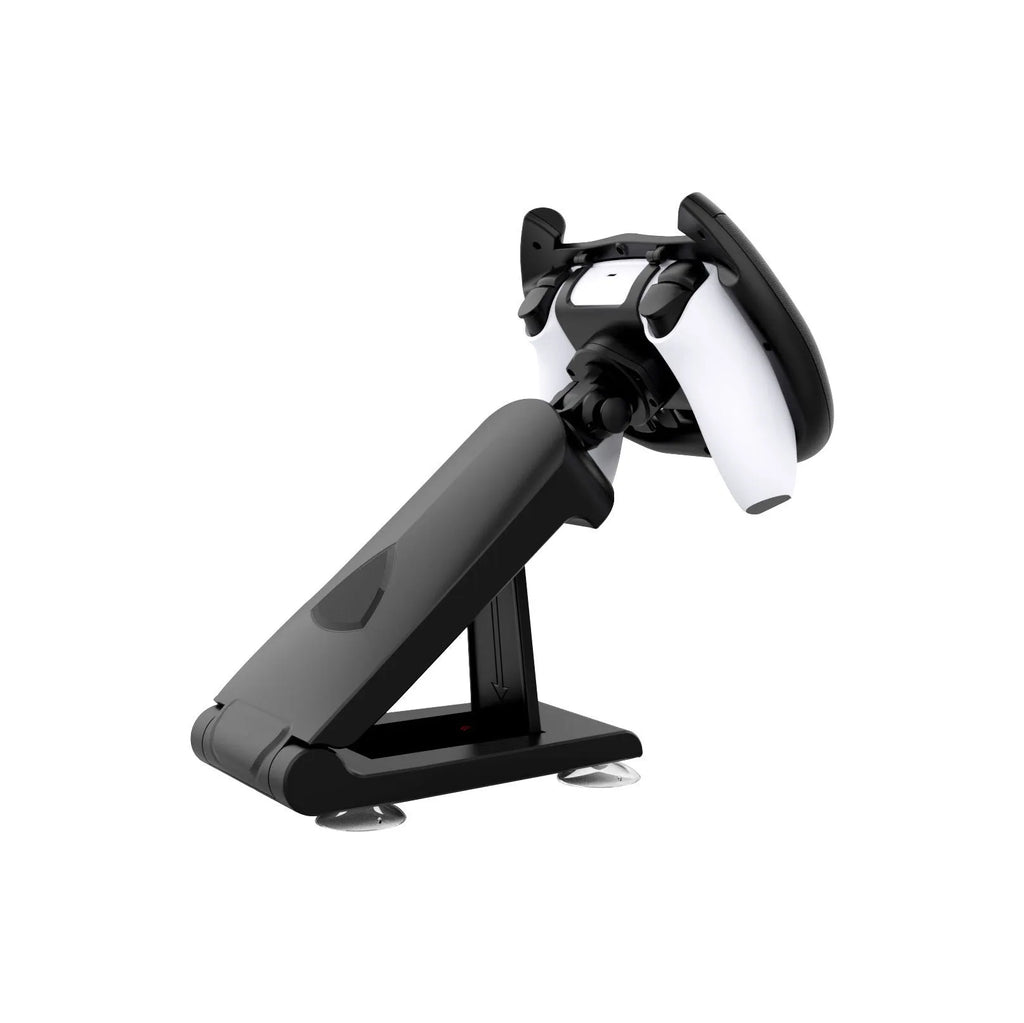 Black ABS gamepad steering wheel bracket with suction cup base, holding a console controller.