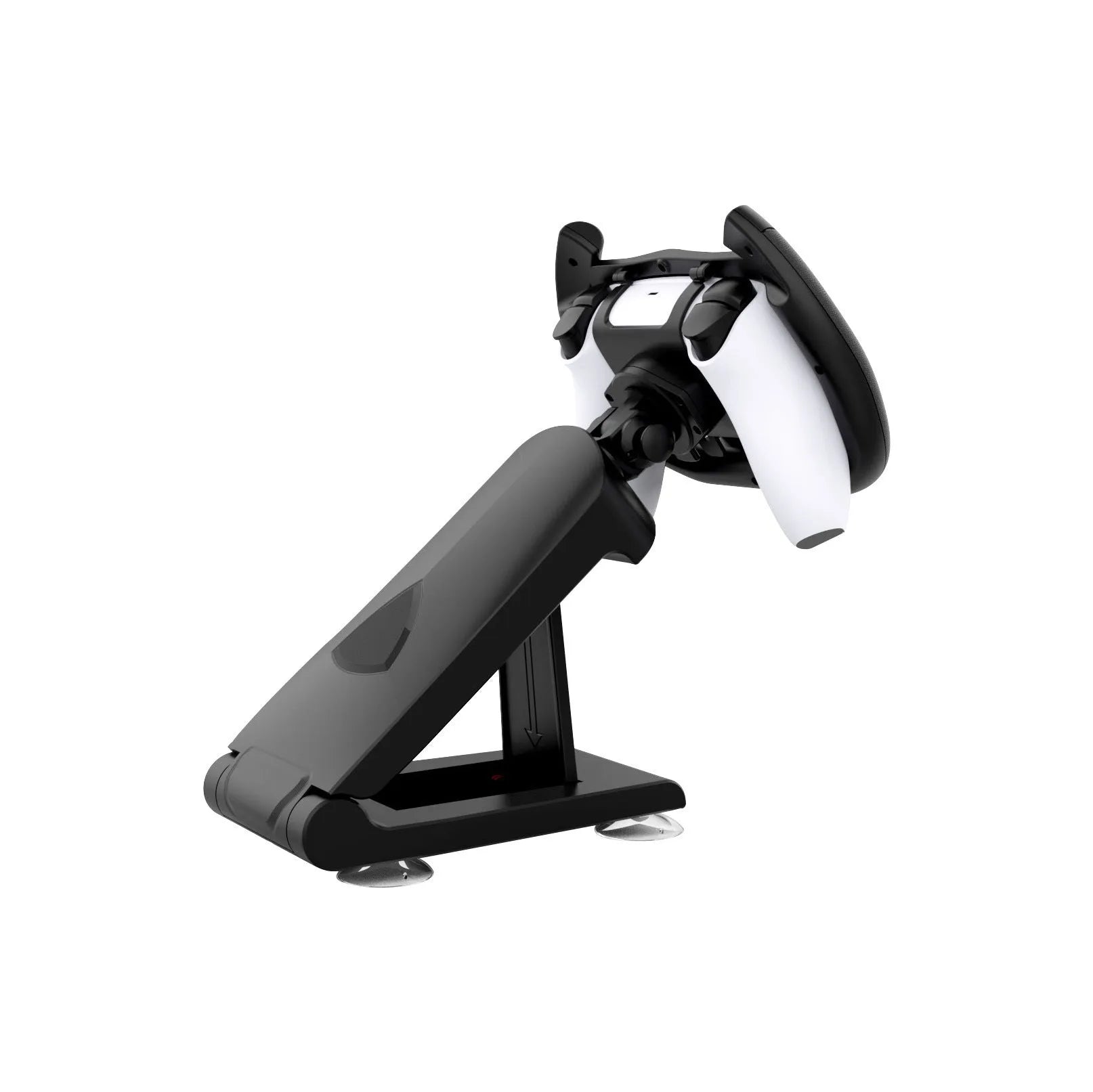 Black ABS gamepad steering wheel bracket with suction cup base, holding a console controller.