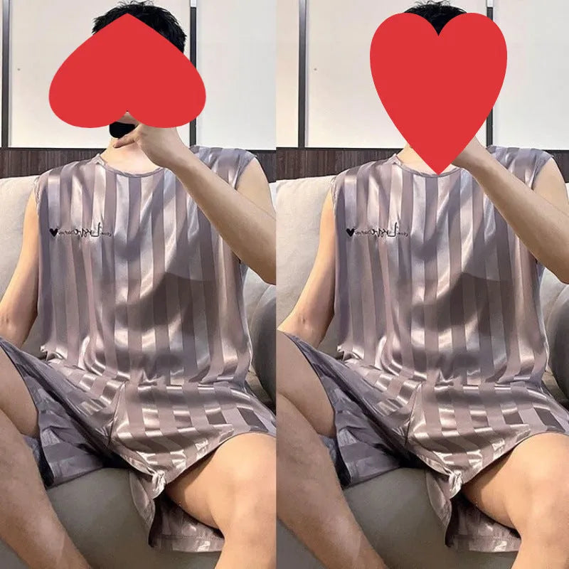 Men's ice silk vest and shorts pyjama set in white, black, and grey summer sleepwear