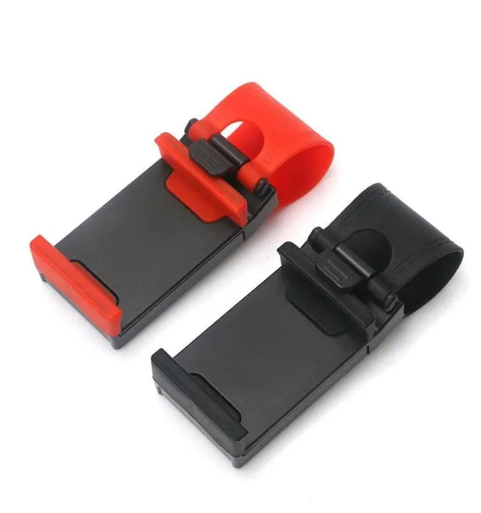 Black steering wheel phone clip holder mounted with smartphone showing navigation display