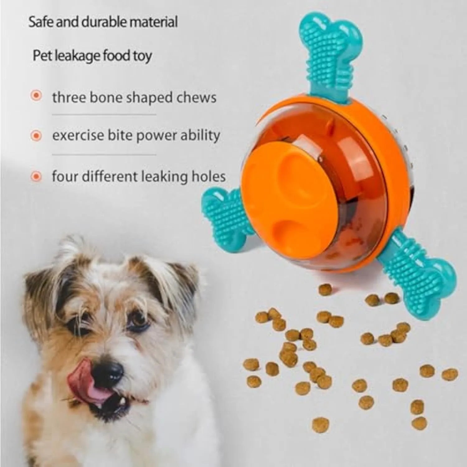 Blue rubber dog chew toy with bone shapes and slow feeder treat dispenser hole