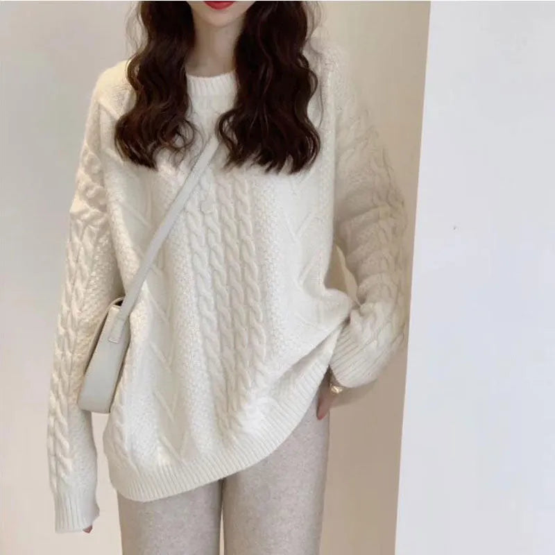 Thick hemp flowers knitted round neck sweater retro loose top in solid colour with long sleeves and round neck