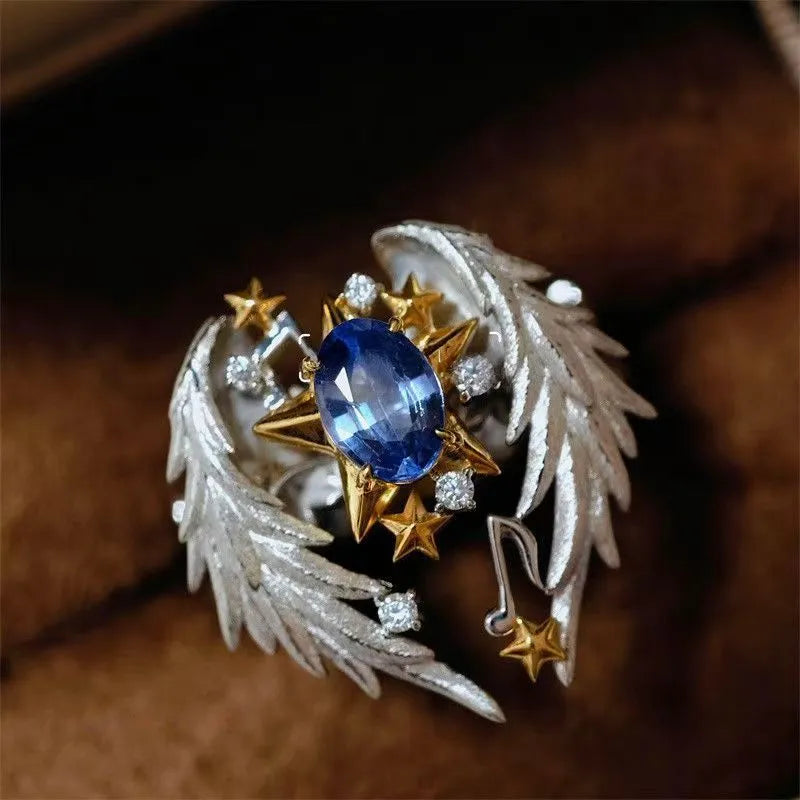 Angel Wings adjustable open mouth alloy ring with geometric design and oiling treatment finish