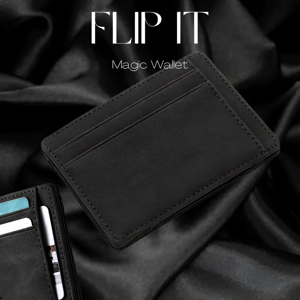 Short style PU leather magic flip wallet with zipper coin purse in black, blue, brown, light grey, or purple.