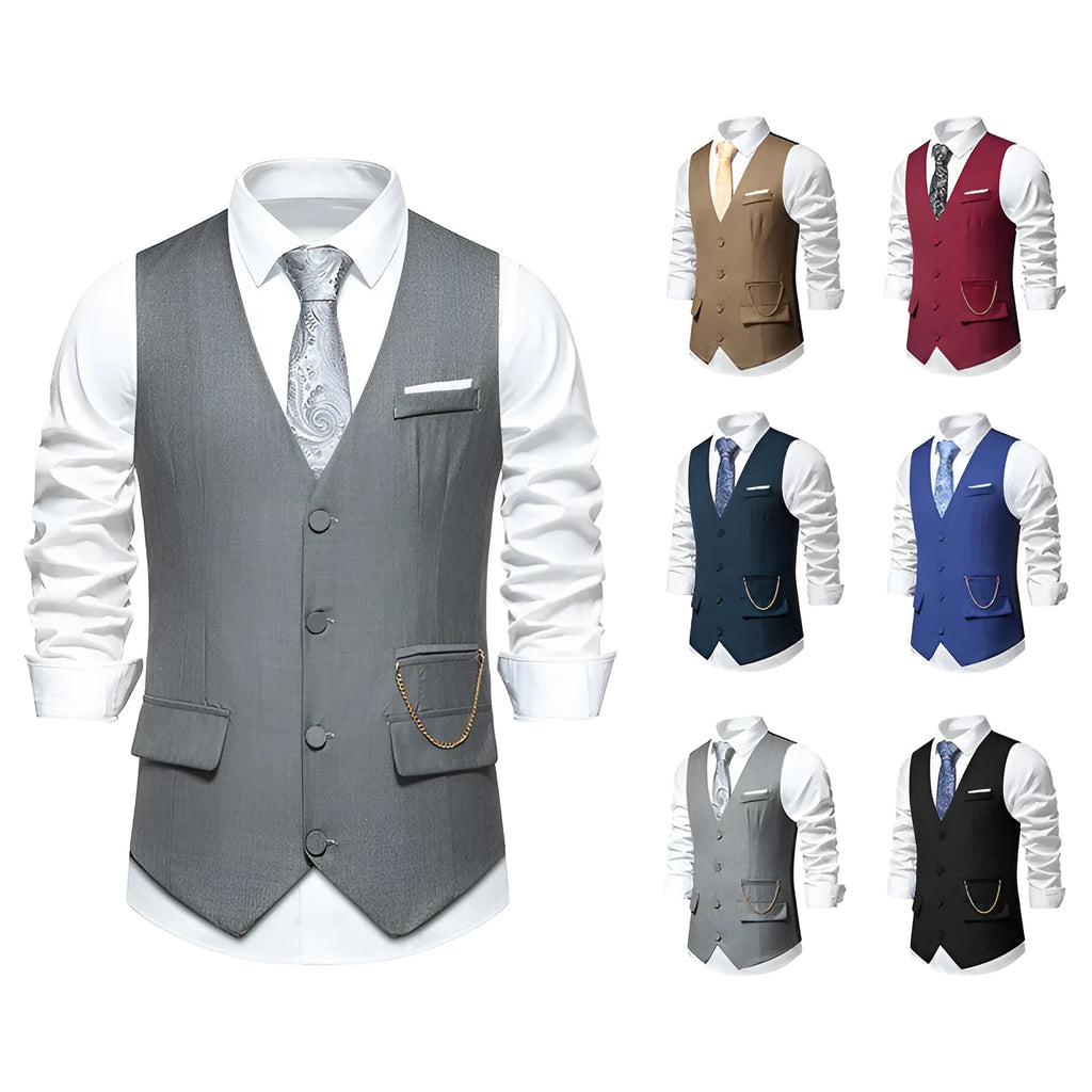 Men's solid colour V-neck single breasted chain vest in slim fit, shown in gray for spring light business wear