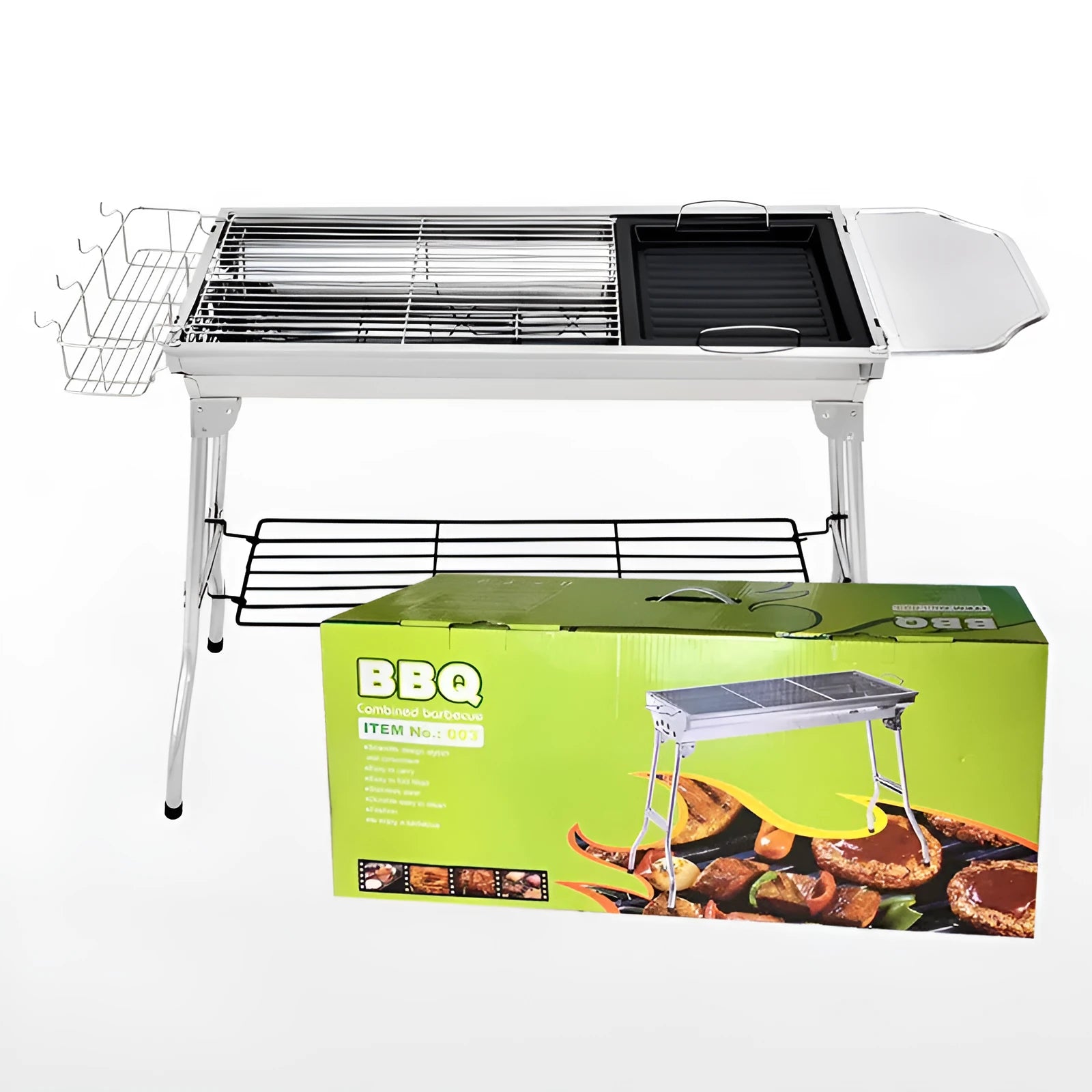 Stainless steel portable folding barbecue oven with grill, shown collapsed for storage