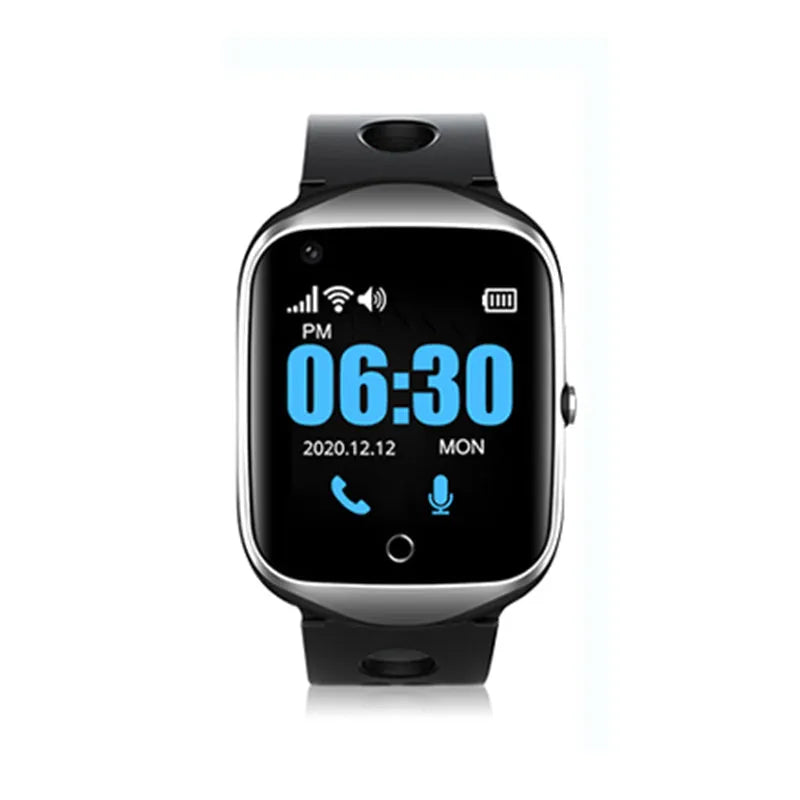 Black GPS smartwatch for the elderly with square screen and silicone strap, showing SOS button.