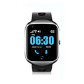 Black GPS smartwatch for the elderly with square screen and silicone strap, showing SOS button.