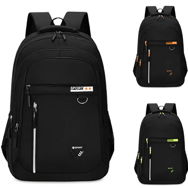 Men's Oxford cloth schoolbag with letter pattern in black, blue, green, or red colours showing air pillow belt system
