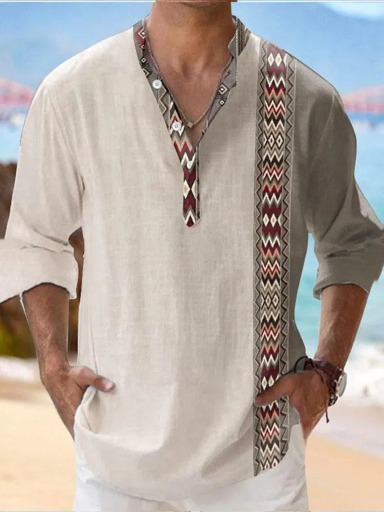 Thin striped Hawaiian-style long sleeve casual shirt on a hanger.