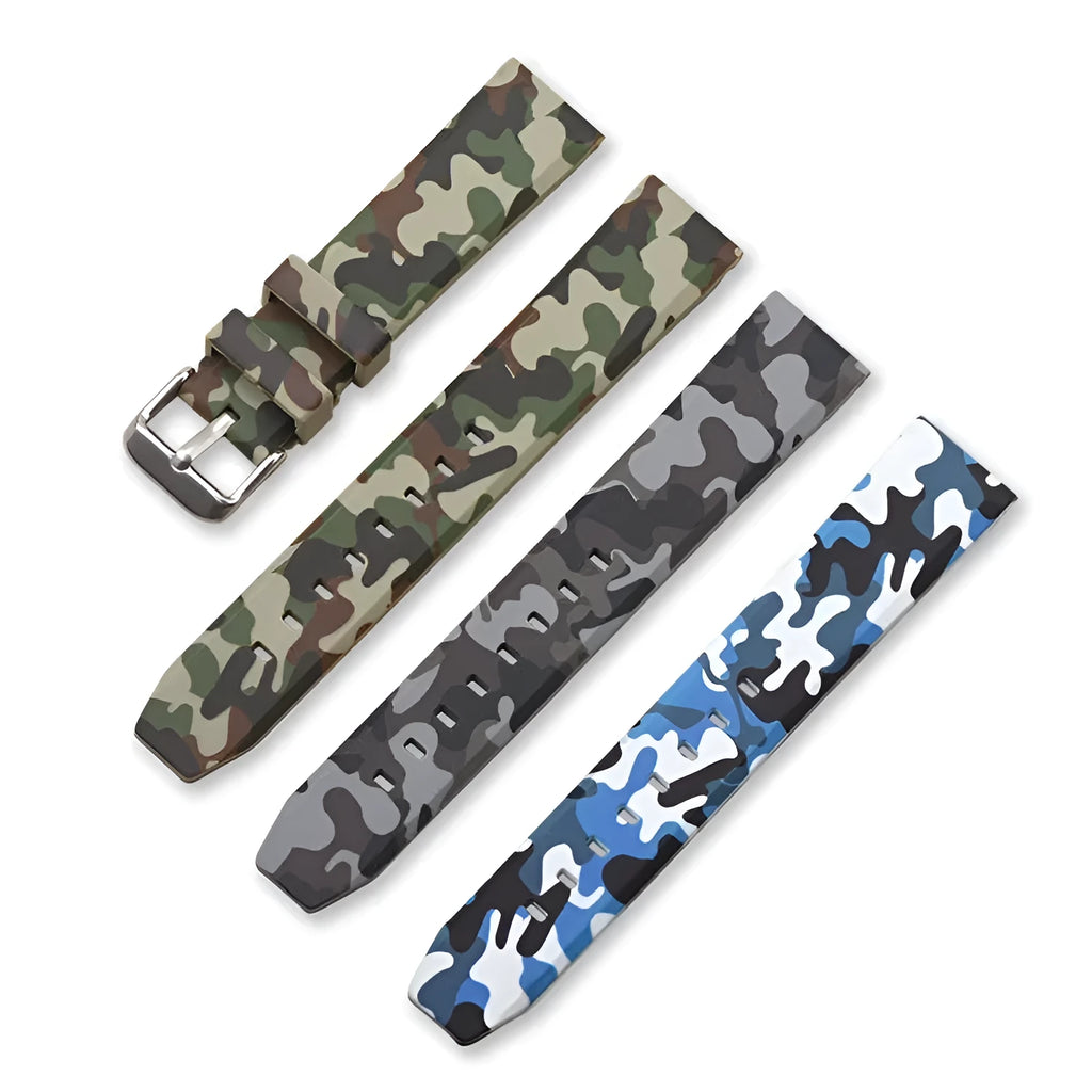 Camouflage pattern silicone watch strap with universal flat head in blue, grey, and green