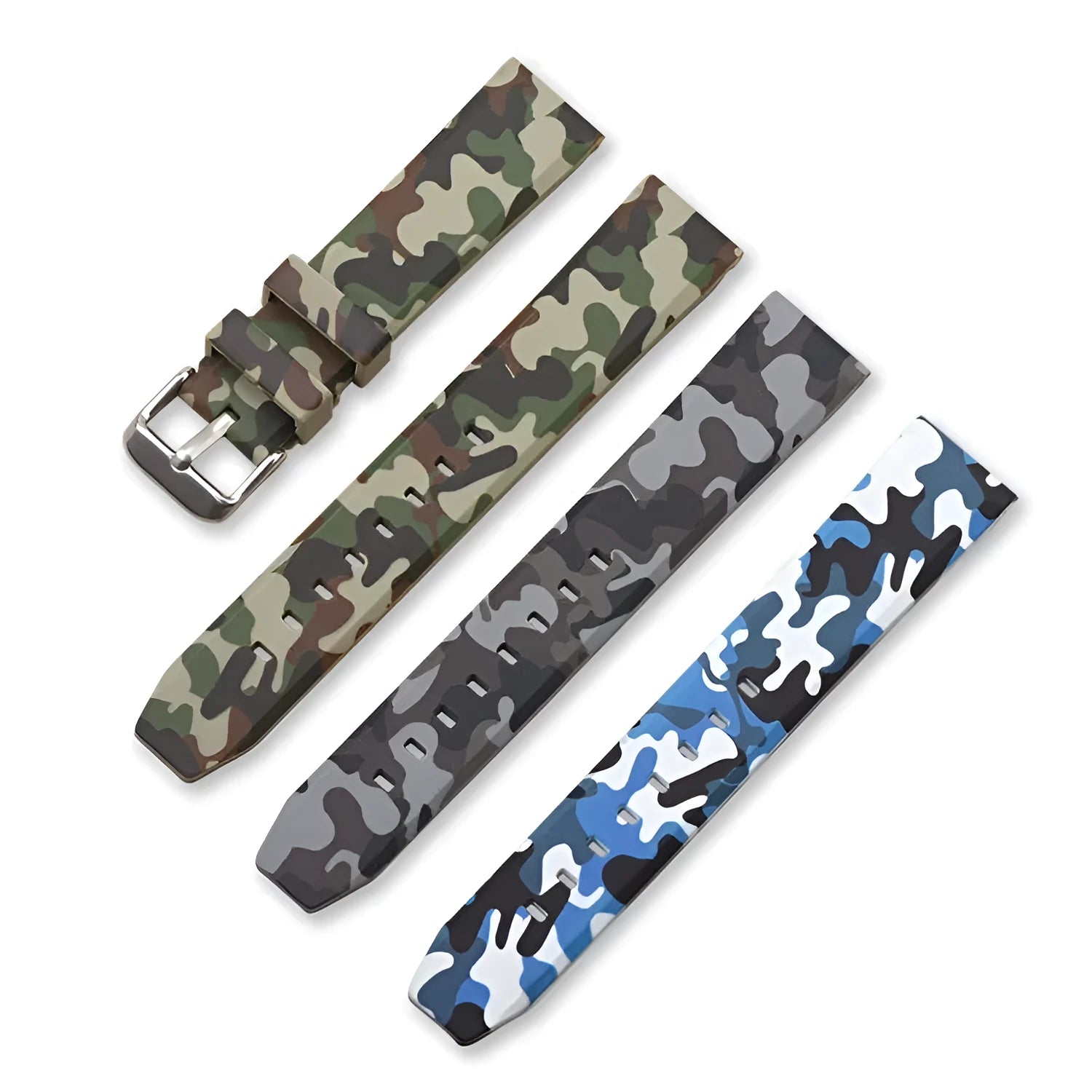 Camouflage pattern silicone watch strap with universal flat head in blue, grey, and green