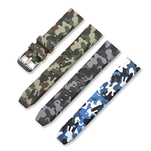 Camouflage pattern silicone watch strap with universal flat head in blue, grey, and green