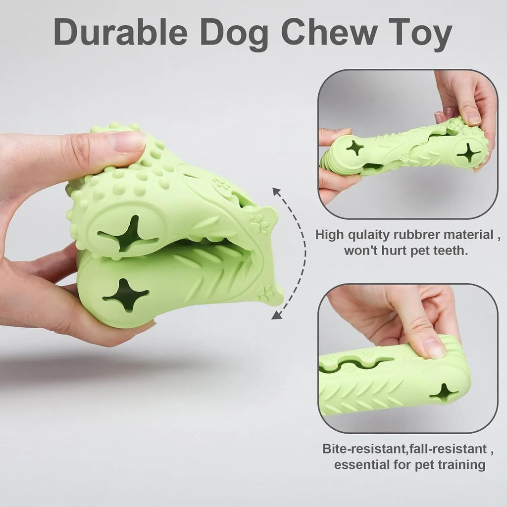 Natural rubber bone-shaped dog chew toy in blue, green, and orange options for aggressive chewers