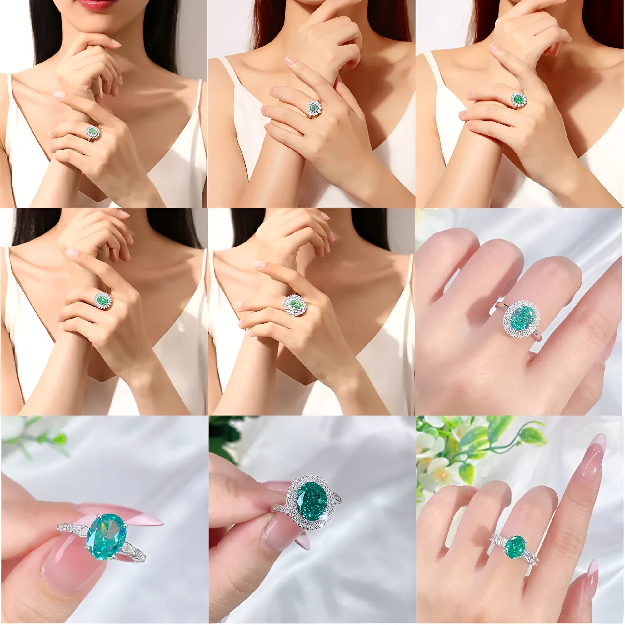 S925 sterling silver ring with geometric emerald cut and high-carbon diamond inlay on a model's finger.