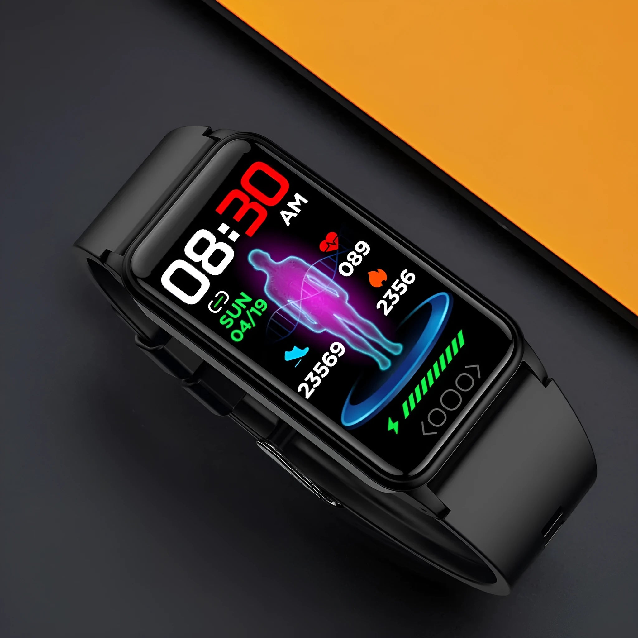 Smart bracelet with dynamic heart rate monitoring on a touchscreen display, silicone strap, black colour