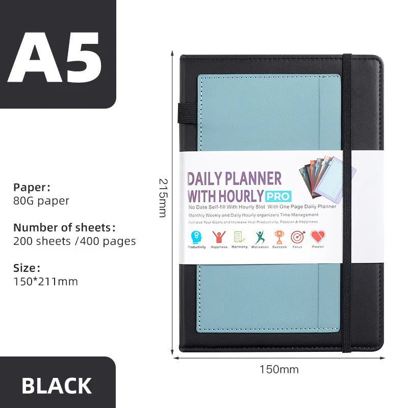 A5 undated notebook with PU leather cover in six colours, open to show flat-lay binding and planning stickers.