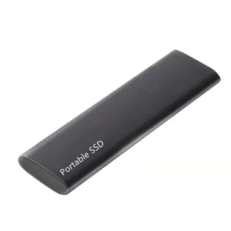 Ultra-thin metal external SSD hard drive shown in red, with high-capacity storage for laptops and computers.