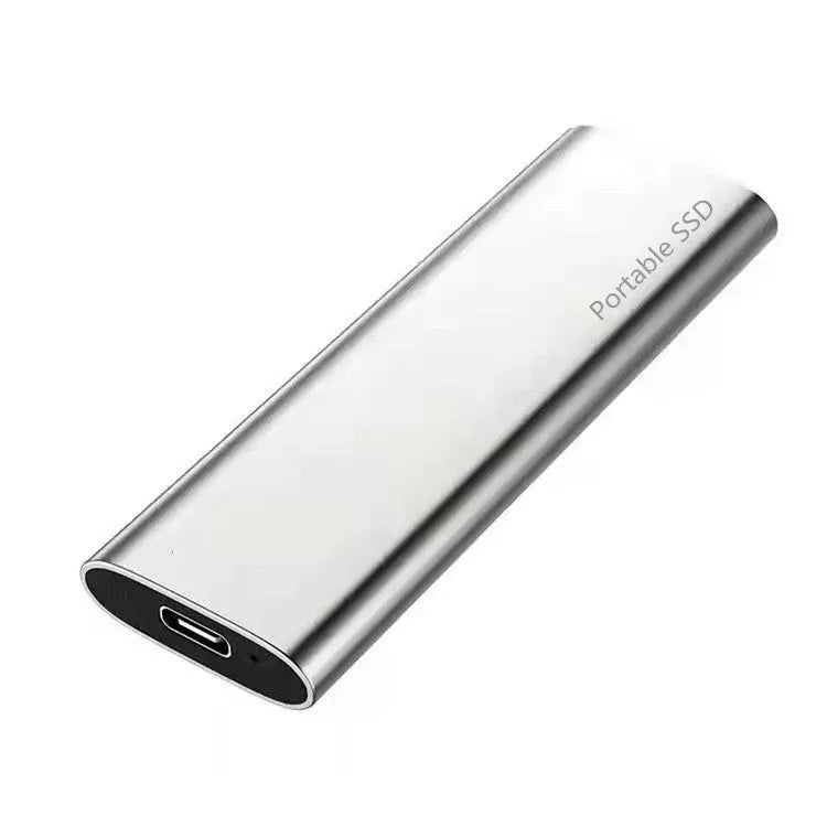 Ultra-thin metal external SSD hard drive shown in red, with high-capacity storage for laptops and computers.