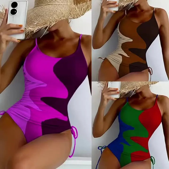 Women's blue sleeveless backless one-piece swimsuit on hanger