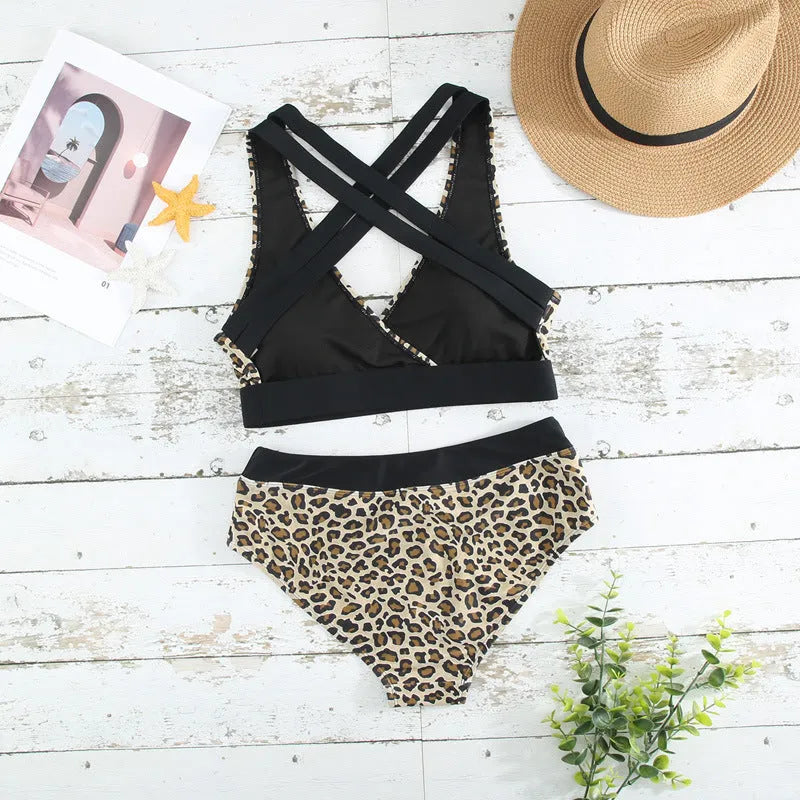 Women's leopard print V-neck bikini swimsuit with cross banded design and floral pattern briefs