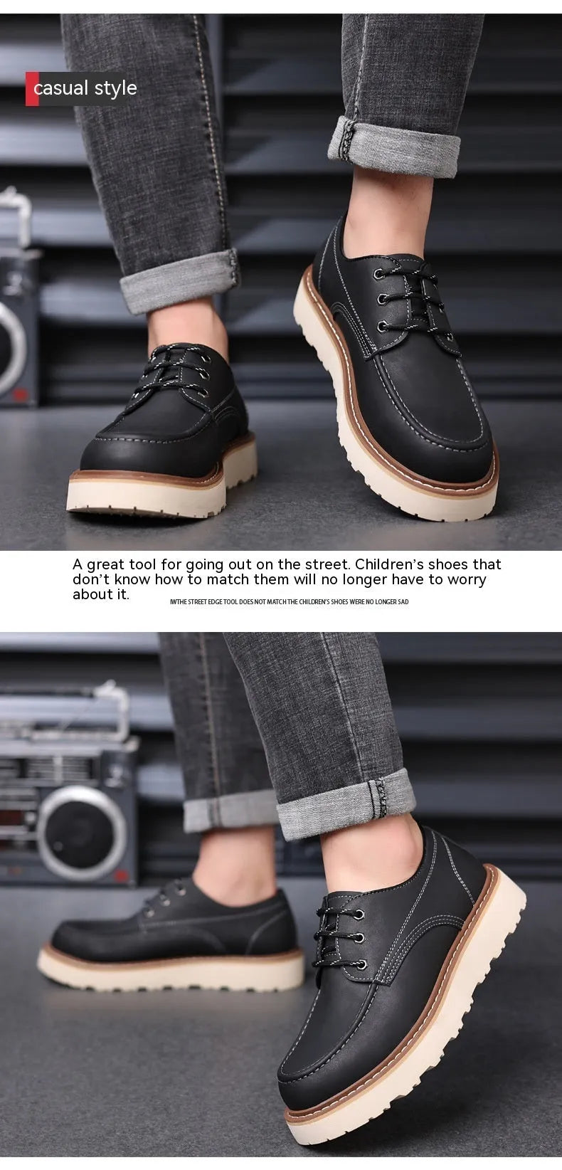 Men's black retro low-top Martin boots with a round toe and mid-height heel on a rubber sole.
