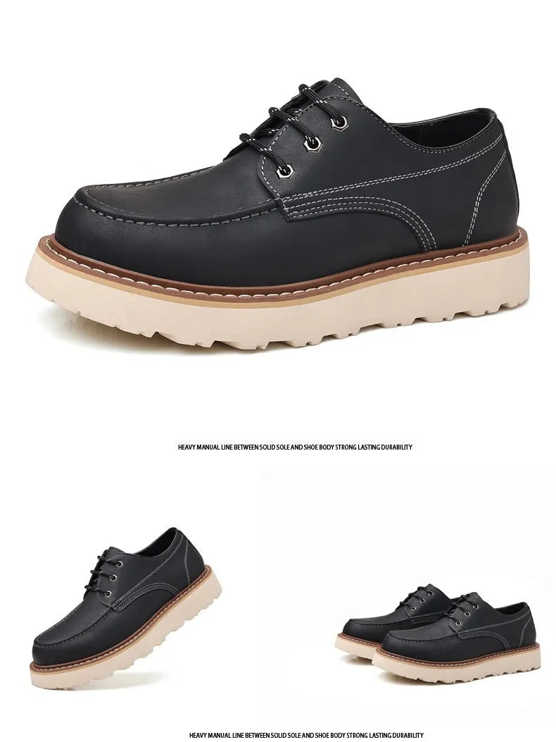 Men's black retro low-top Martin boots with a round toe and mid-height heel on a rubber sole.