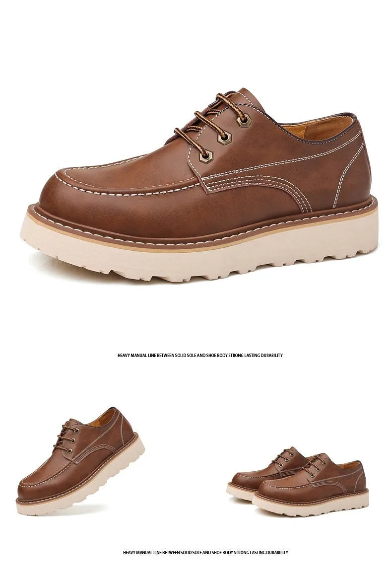 Men's black retro low-top Martin boots with a round toe and mid-height heel on a rubber sole.