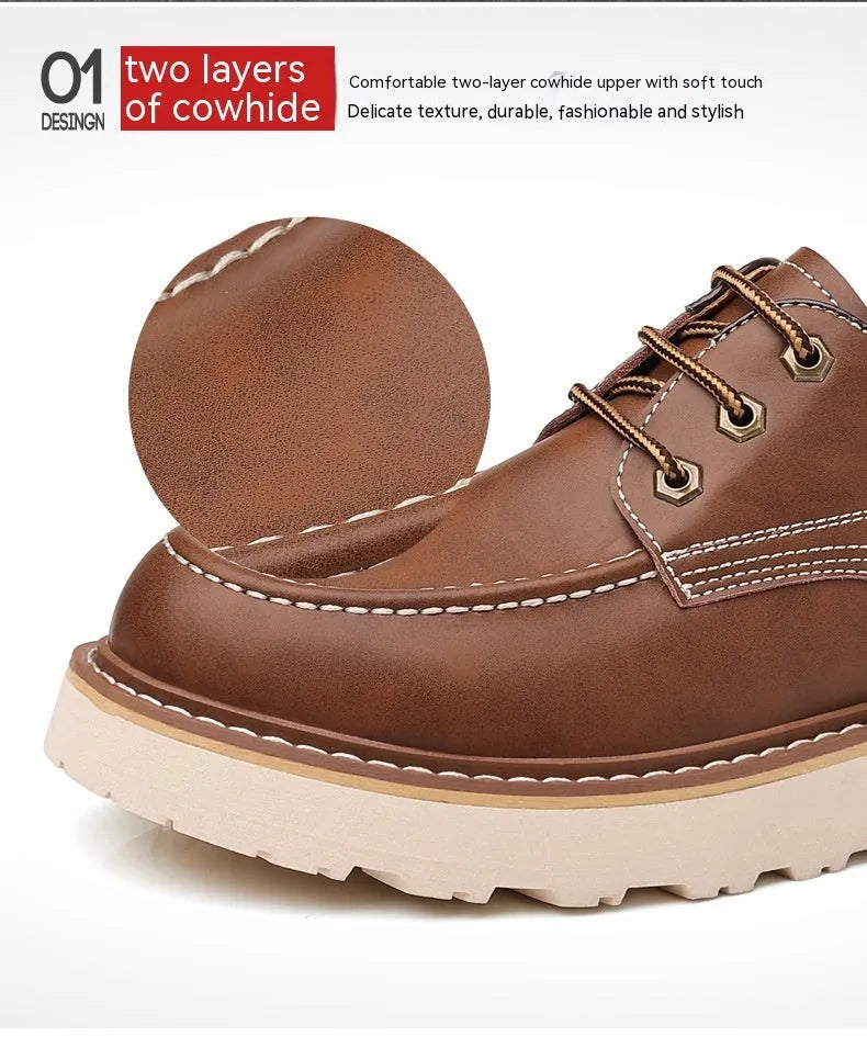 Men's black retro low-top Martin boots with a round toe and mid-height heel on a rubber sole.
