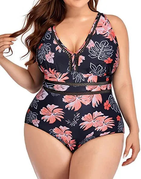 Women's plus size black printed siamese mesh bikini swimsuit sleeveless polyester swimming costume