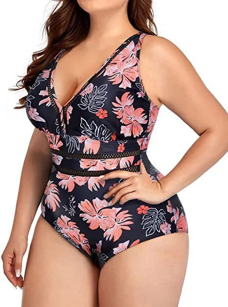 Women's plus size black printed siamese mesh bikini swimsuit sleeveless polyester swimming costume