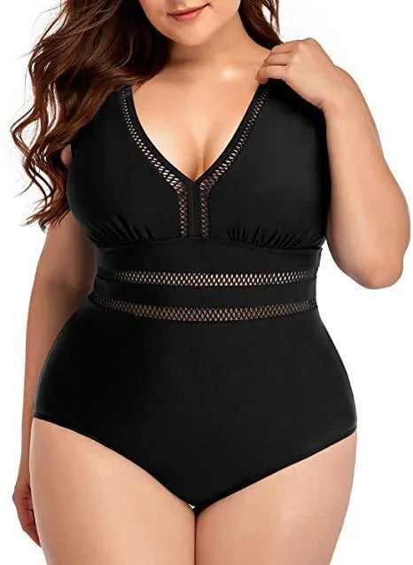 Women's plus size black printed siamese mesh bikini swimsuit sleeveless polyester swimming costume