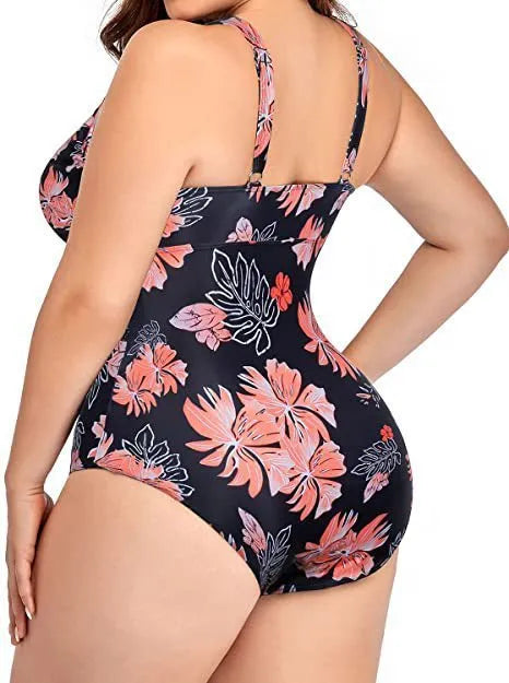 Women's plus size black printed siamese mesh bikini swimsuit sleeveless polyester swimming costume