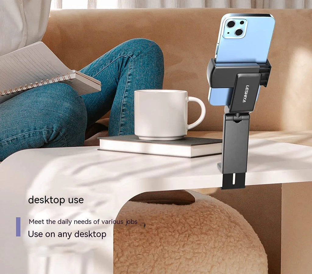 Foldable rotating phone holder in black with mobile phone attached showing adjustable angle mechanism