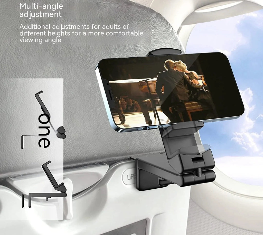 Foldable rotating phone holder in black with mobile phone attached showing adjustable angle mechanism