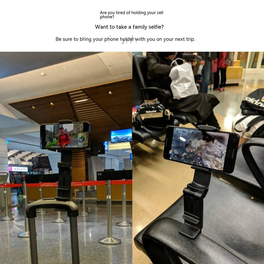 Foldable rotating phone holder in black with mobile phone attached showing adjustable angle mechanism