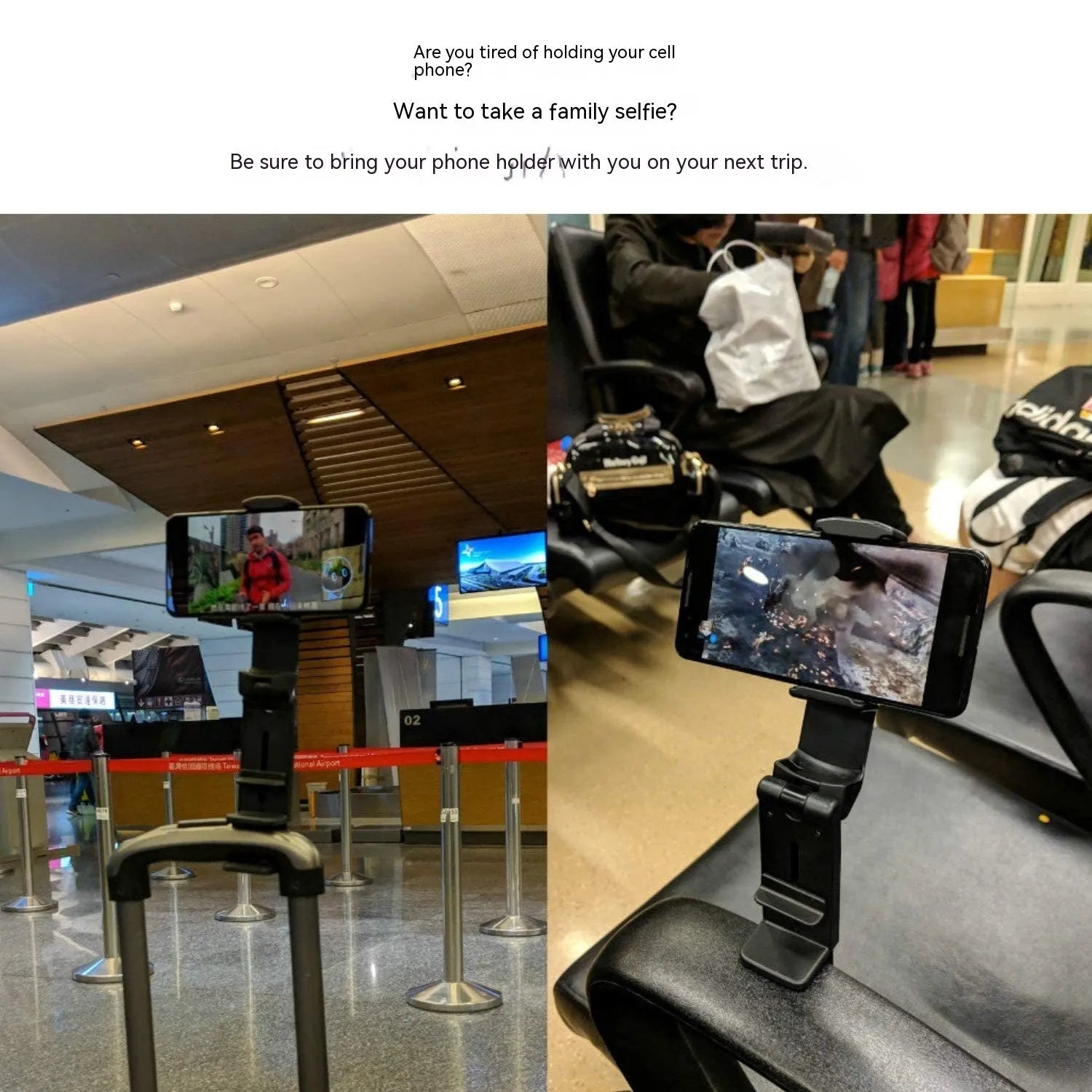 Foldable rotating phone holder in black with mobile phone attached showing adjustable angle mechanism