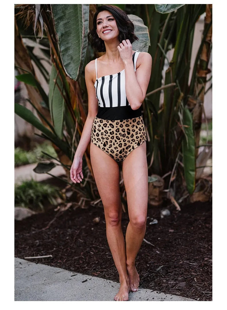 Leopard print women's high waist swimsuit with asymmetric collar, shown front view