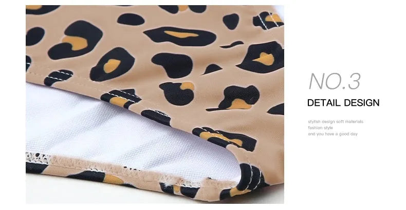 Leopard print women's high waist swimsuit with asymmetric collar, shown front view