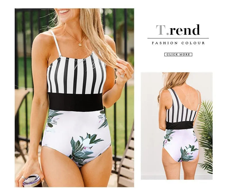 Leopard print women's high waist swimsuit with asymmetric collar, shown front view