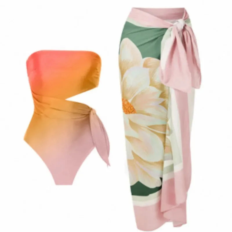 Women's French-style retro printed one-piece swimsuit with close-fitting design