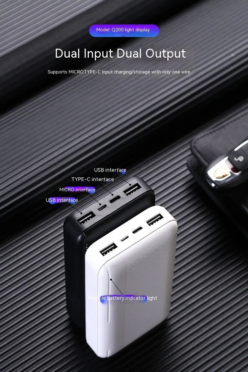 Ultra-thin plastic power bank with light display screen and two U output ports, black colour