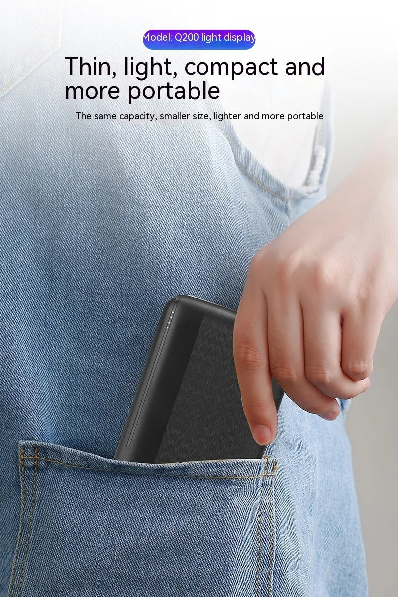 Ultra-thin plastic power bank with light display screen and two U output ports, black colour