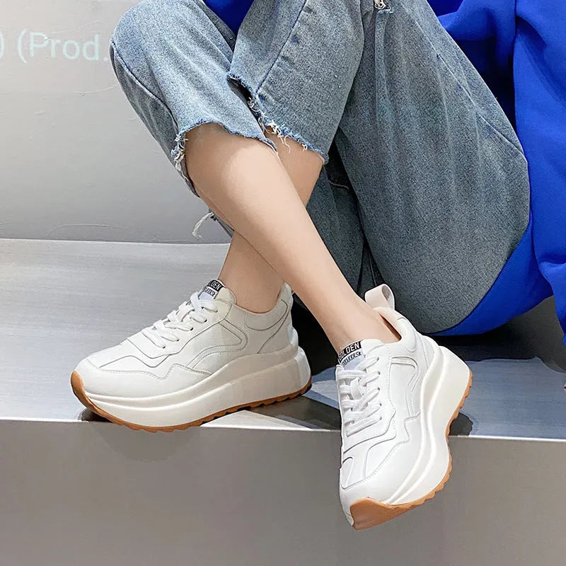 Women's white cowhide leather casual sports shoes with lace-up front and cross strap detail